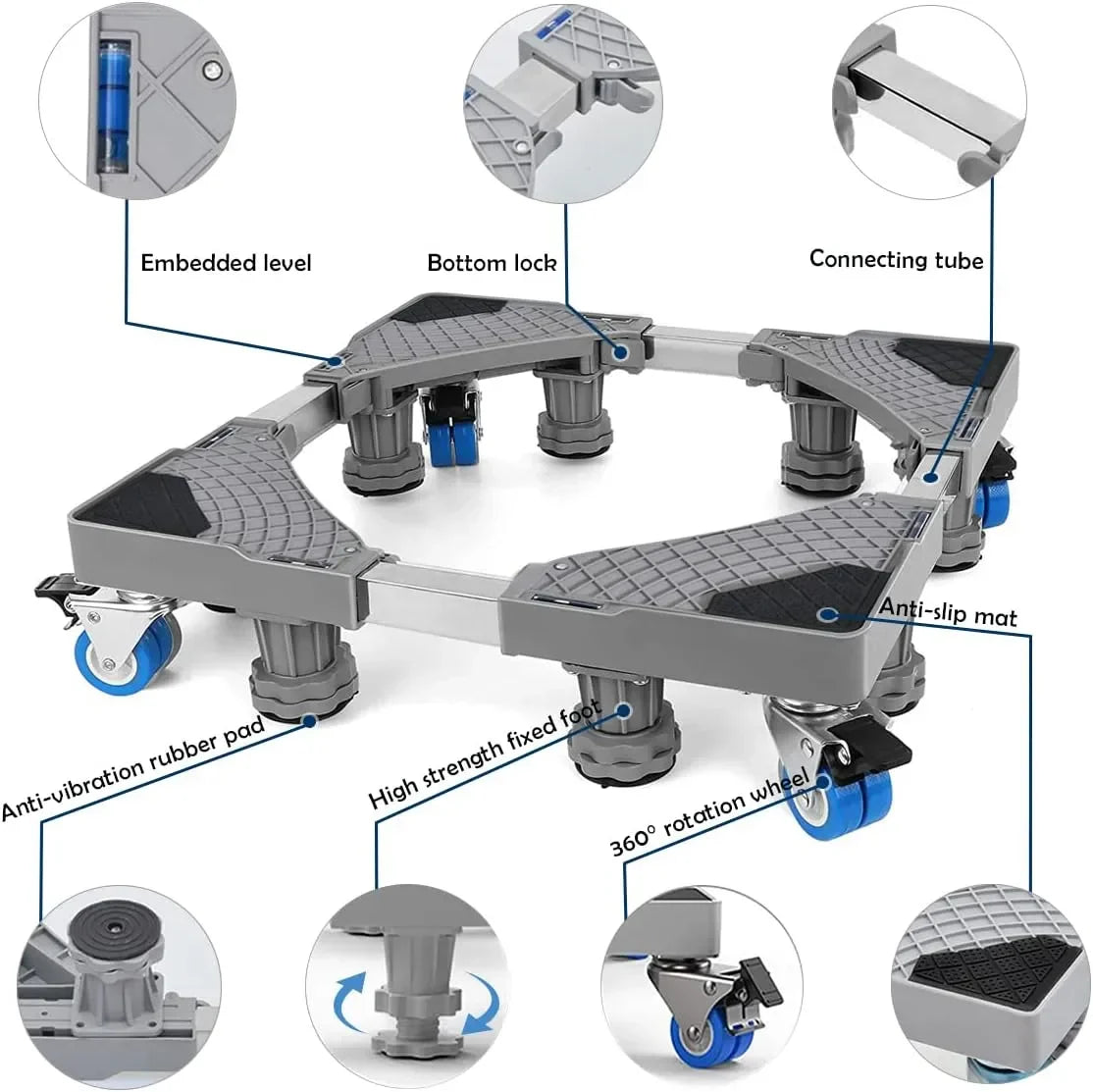 Adjustable Refrigerator / Washing Machine Stand with Wheels
